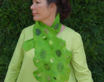 felted scarf neck wrap green scarf felted scarf nuno felted neck wrap silk neck warmer silk beaded scarf woodland scarf self securing