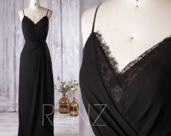 2017 Black Bridesmaid Dress, V Neck Lace Wedding Dress, Spaghetti Straps Prom Dress, Sexy Party Dress, Open Back Formal Dress (L136)