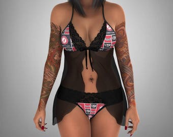 Handmade with NCAA Alabama Crimson Tide fabric lingerie scalloped lace accent teddy babydoll dress with matching G string set