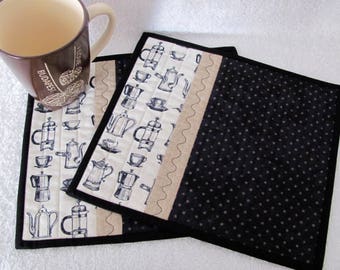 Quilted Mug Rugs French Press Coffee Theme Coffee Pot Fabric Black and Cream Accent Fabric French Country Cottage Chic - Set of Two Mug Mats