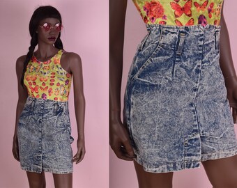 80s High Waisted Acid Wash Denim Skirt/ US 5/ 25.5 Waist/ 1980s/ High Rise