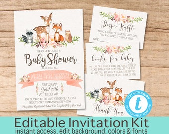 Baby Shower Invitation Kit, Woodland Animals Floral Invitation Set, Editable Baby Shower invitation Suite, Woodland Invite, Instant Download
