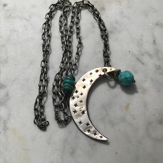Raw Silver Moon Pendant Necklace - Turquoise - Wire Wrapped - Oxidized Sterling Silver Chain - long - Urban Sundance Style Jewelry