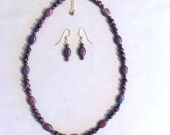 Semi Precious Stone Jewelry Set, Red Tiger's Eye Beaded Necklace Set, Natural Stone Red Jewelry Set, Handmade Beaded Jewelry Pendant Set