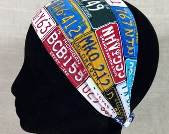 Wide Fabric Headband- License Plates | Unisex Headband | Mens Headband | Wide Headband | Adult Headband | Cotton Headband | Bandana Wrap