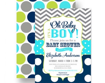 Oh Baby! Boys Baby Shower Invitation Navy and Grey Chevron Stripe - Personalize - Party Printable or Printing with Envelopes