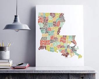Louisiana Canvas Art, Typography Map Art Formed from Louisiana City Names, Louisiana Wall Decor, Stretched Gallery Wrap Canvas Print
