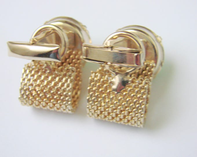 1960s Mid Century Green Rivoli Rhinestone Mesh Wrap Cufflinks / Retro Mens Jewelry / Suit Accessories