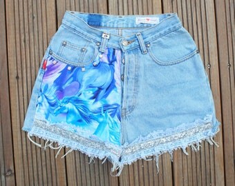 short vintage taille haute imprimé licornes