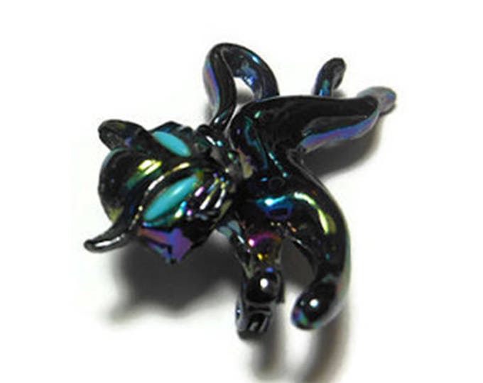 FREE SHIPPING Iridescent black cat brooch, 1950s kitty kitten opalescent scatter pin with turquoise colored eyes, Siamese if you please.