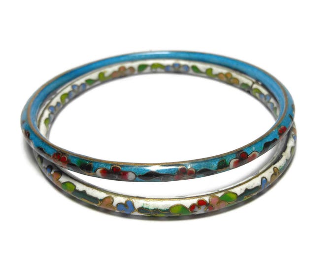 FREE SHIPPING Cloisonne bangle bracelets, set of two, white and blue bangles, floral pattern, gold edging, enamel finish, Chinese export