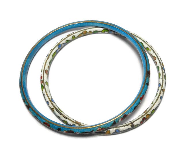 FREE SHIPPING Cloisonne bangle bracelets, set of two, white and blue bangles, floral pattern, gold edging, enamel finish, Chinese export