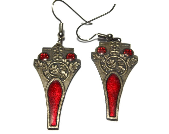 FREE SHIPPING Red stain glass earrings, window look, pewter raised leaves, red enamel over design, religious icon, goth french hoops