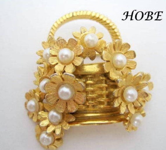 Hobe Flower Basket Brooch - Pearl Covered - Faux Pearls - Wedding Pin