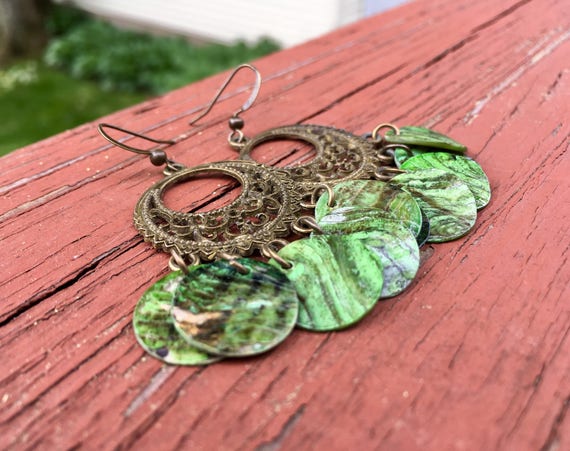 Green "Simply Chandelier" Mussel Shell Earrings