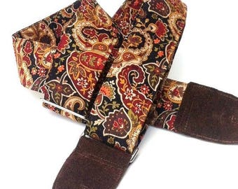 ON SALE this week only Guitar Strap in Gypsy Paisley Earth Tones with Black or Brown Leather Ends