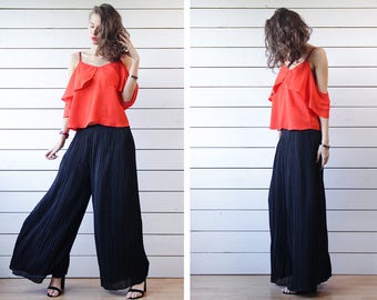 Vintage black puckered pleated wide leg palazzo summer resort skirt pants L XL