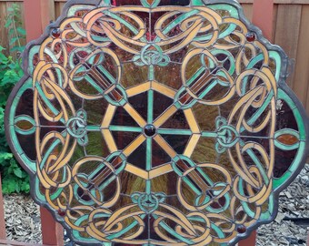 On SALE Stunning Stained Glass Panel 25" Round Scalloped Frame Art Nouveau Style W Amber Colored Gems Golden Yellow Shades of Green & Brown