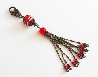 Bijou de Sac, Porte-clef - Fantaisie Rouge - Métal Bronze, Perle verre Lampwork, Pompon chaîne - Bijou créateur, fait-main, pièce uniqu