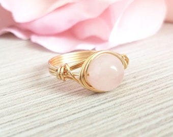 Rose Quartz Wire Wrapped Ring, Gold Jewelry, Custom Size, Crystal Ring, Natural Stone Ring