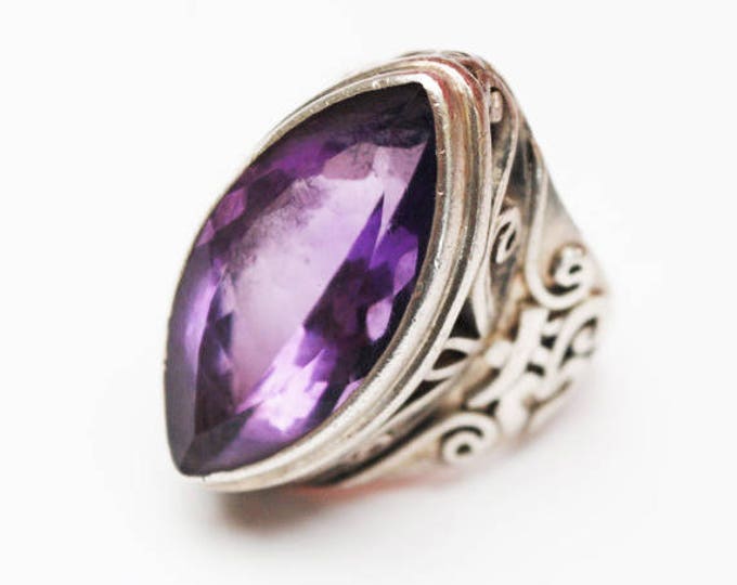Amethyst Sterling Ring - size 5 - Silver filigree - Purple gemstone - Large chunky boho ring