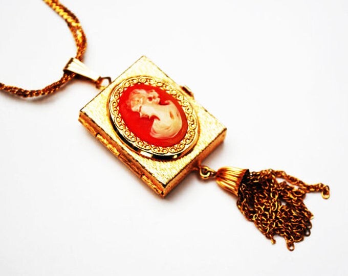 Vintage Locket- Cameo Necklace - Victorian Revival - Resin Cameo - gold four photo locket