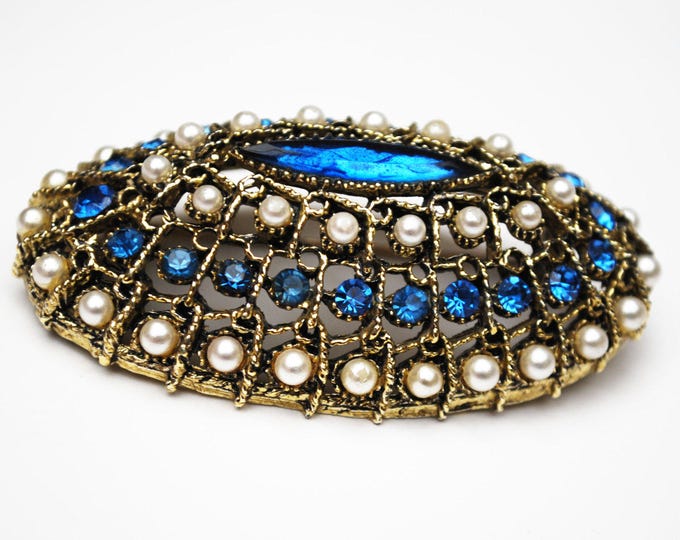 Oval Dome Bar Brooch - Blue rhinestone - white pearls and gold tone - Victorian Revival pin