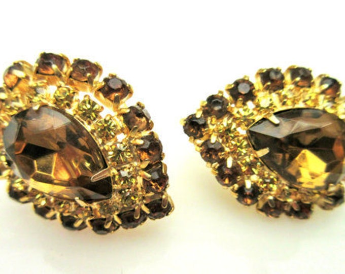 Brown yellow Rhinstone Earrings - Pear shape topaz crystal - gold - clip on earrings