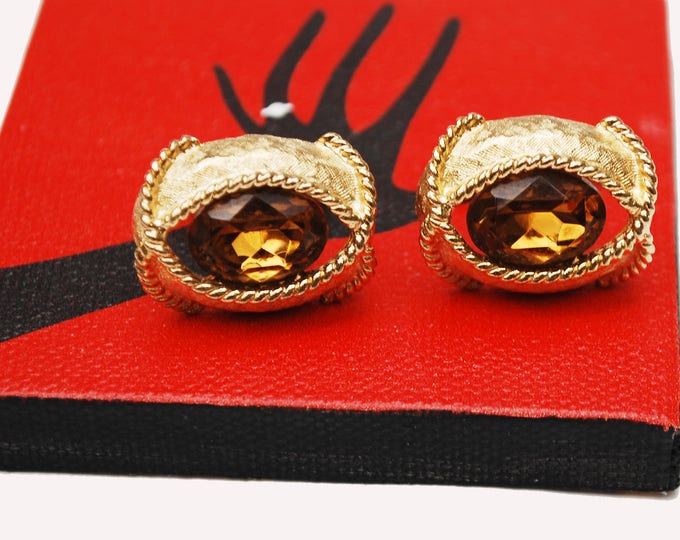 Topaz Glass Gold Cuff links - Facet cut crystal - Amber brown - Cufflinks