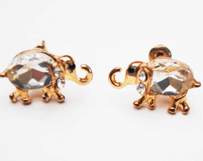 Elephant Stud Earrings - Clear crystal Rhinestone - Gold figurine pierced earrings