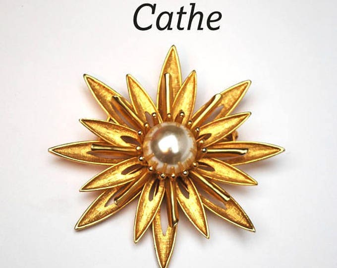 Cathe Flower Brooch - Gold and Pearl - Large Floral signed pin