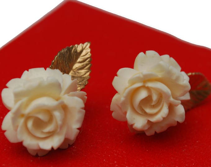 White Celluloid flower Brooch and earring set - Signed Van Dell - 12 kt gold filled -rose floral