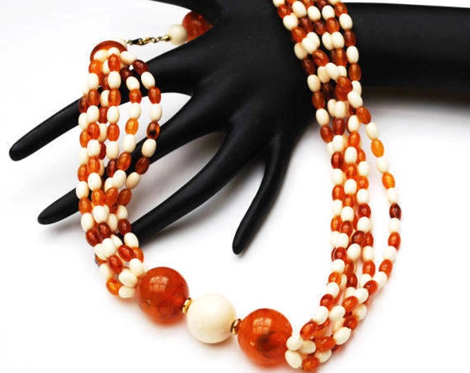 Root beer white torsade Bead Necklace - multi strand - Lucite Plastic - Mod groovy necklace