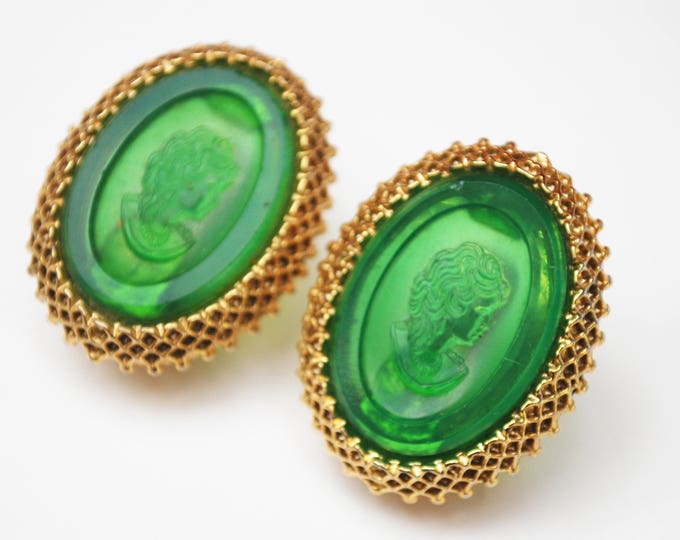 Green intaglio cameo Earrings - reversed Carved Crystal - women profile - Clip on earrings