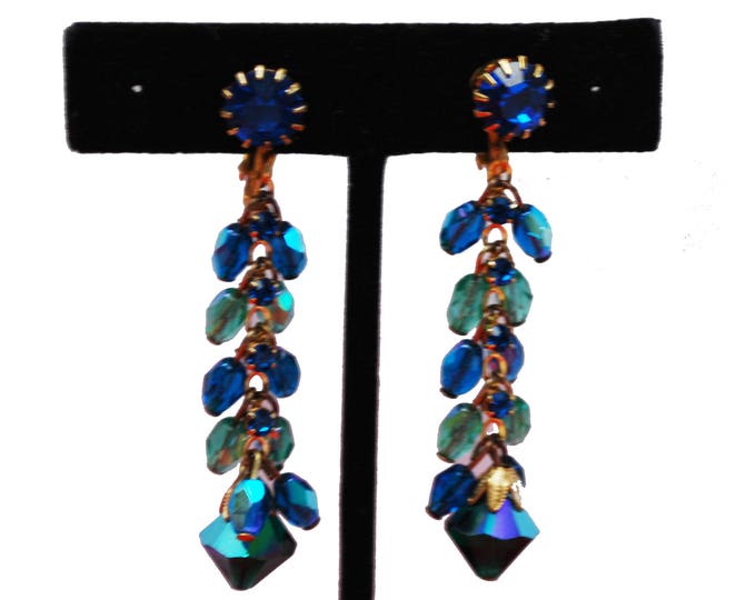 Agua Crystal Rhinestone Bib Necklace EArrings SEt Demi - Blue green Dangle Aurora Borealis Crystal - Clip on earrings - Statement Necklace