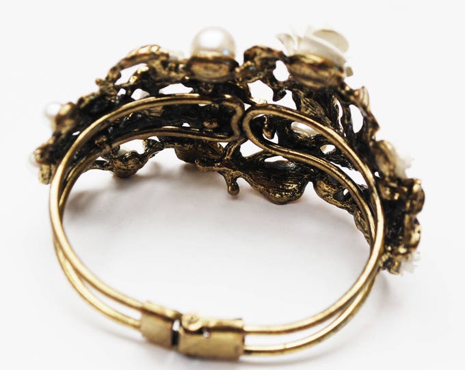 Flower clamper Bracelet - Gold repouse - white pearls,enamel flowers - wide Hinged bangle