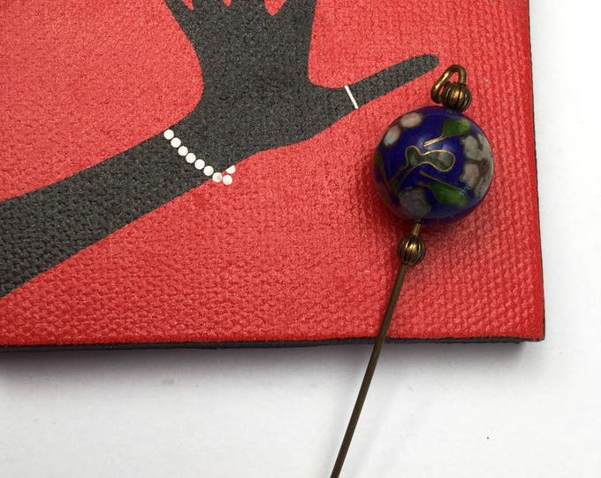 Blue Cloisonne Bead Stick Pin - Floral enameling - brass stick pin