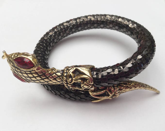 Snake Bracelet - Black mesh - Gold serpent head- Red rhinestone eyes - wrap bangle