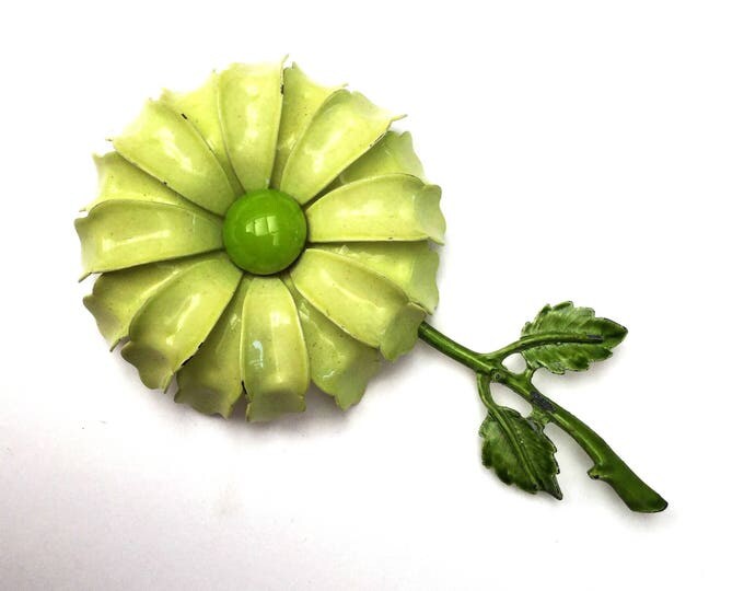 Green Flower Brooch - Enamel Flower - Daisy - Mid century floral Pin