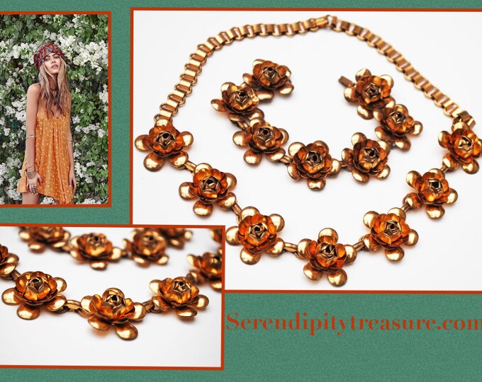 Brass Flower Necklace and Bracelet set parure -gold Brass Metal - Book chain link -Mid Century -