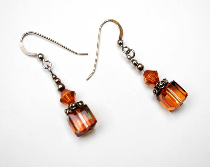 Sterling orange cube dangle earrings - orange crystal glass - drop earring