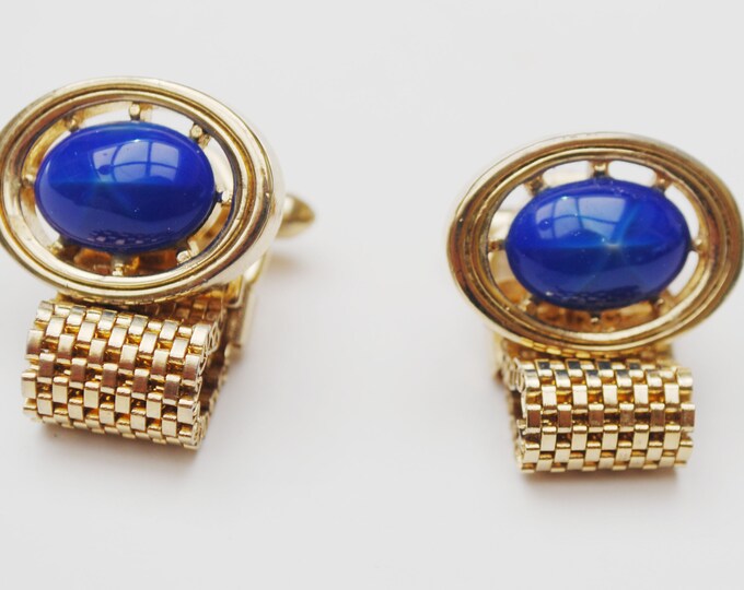 Blue Star Sapphire Glass Cufflinks - Blue glass Cabochon - fold over gold wrap mesh metal