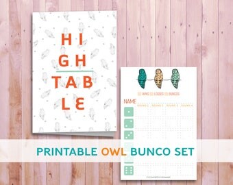 Owl Print Bunco Set, Printable Bunco Set, Matching Bunco Cards, Themed Party, Halloween Theme Party supplies, Green Orange Bunco Cards