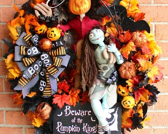 Pumpkin King Wreath, Nightmare Before Christmas Wreath, Jack Skellington Wreath, Halloween Wreath, Fall Wreath, Jack & Sally NBXmas