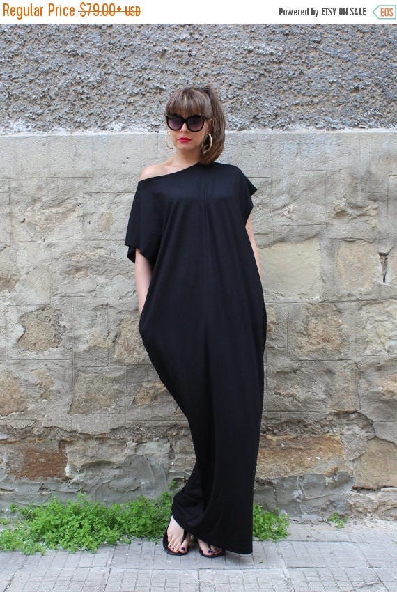 SALE ON 20 OFF Black Maxi Dress Cotton Knit Caftan Dress