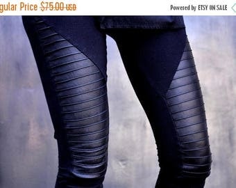 SALE NEW COLLECTION Black Extra Long Leggings / Genuine Leather Front / Viscose Back by Aakasha A05125