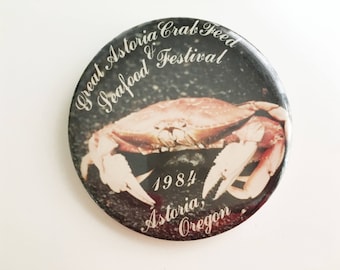 great astoria crab feed seafood festival oregon large pinback button 1984
