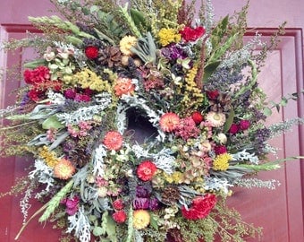 Dried Flower Wreath,Floral Wreath,Arrangement,Wreath,Herb Wreath,Dried Flowers,French Country,Farmhouse,Primitive,Rustic Decor