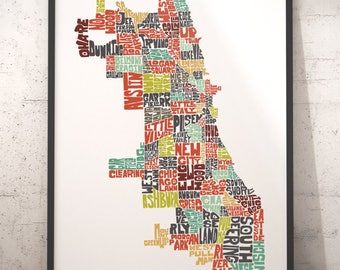 Chicago map art, Chicago art print, Chicago typography map, map of Chicago, Chicago neighborhood map, downtown Chicago, choose color & size
