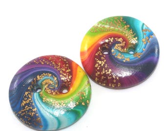 Colorful swirl buttons, polymer clay buttons in rainbow colors, unique spiral pattern, set of 2 rainbow buttons with gold, handmade buttons